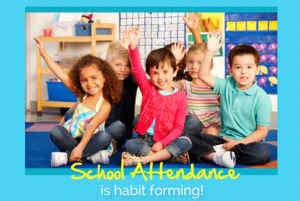 School Attendance Awareness Month is habit forming! Preschoolers seated on a rug, raising their hands.