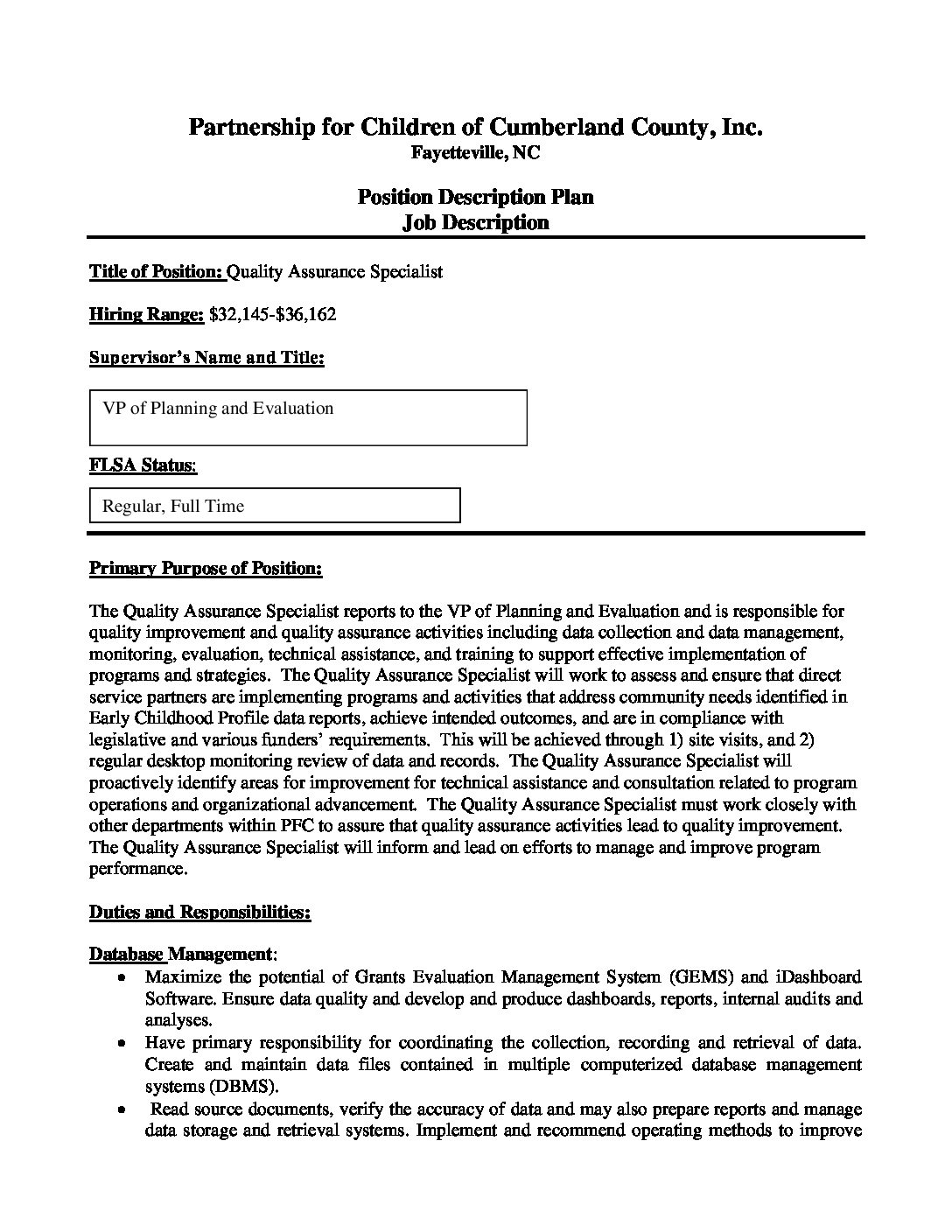 Quality Assurance Specialist - Partnership for Children of Cumberland County